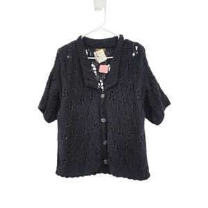 Rico Vintage Women's 100% Cotton Crochet Button Front Cardigan Sweater Black